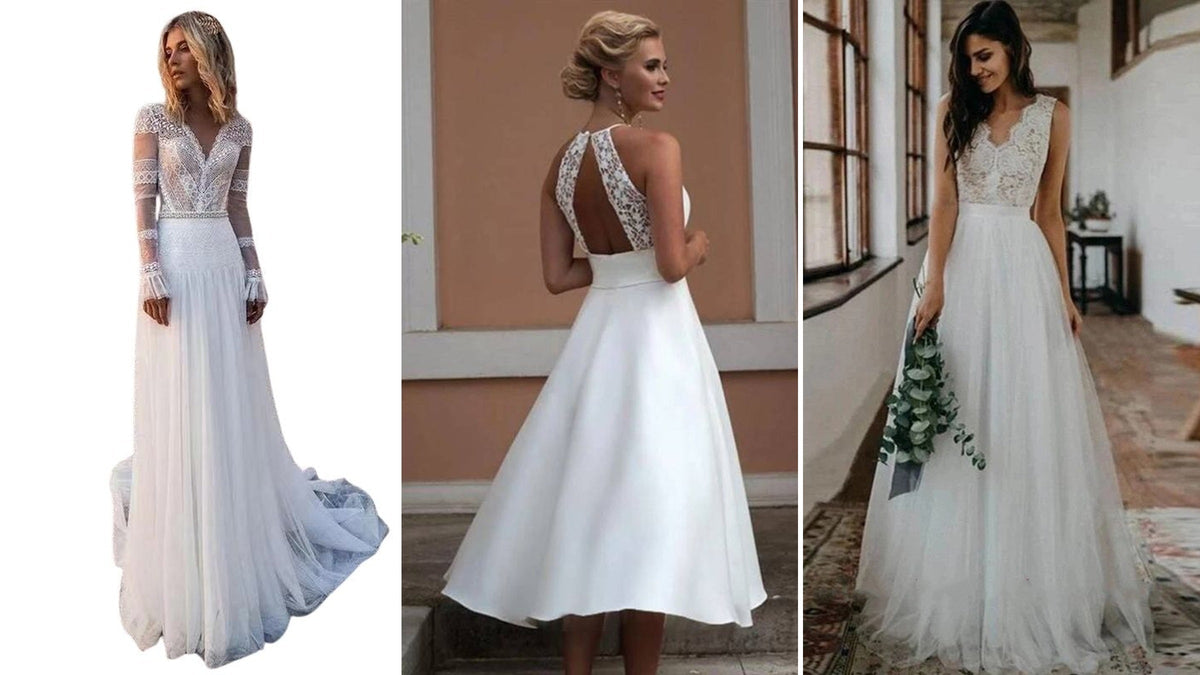 Trois robes blanches de réception, longues et mi-longue Imagen