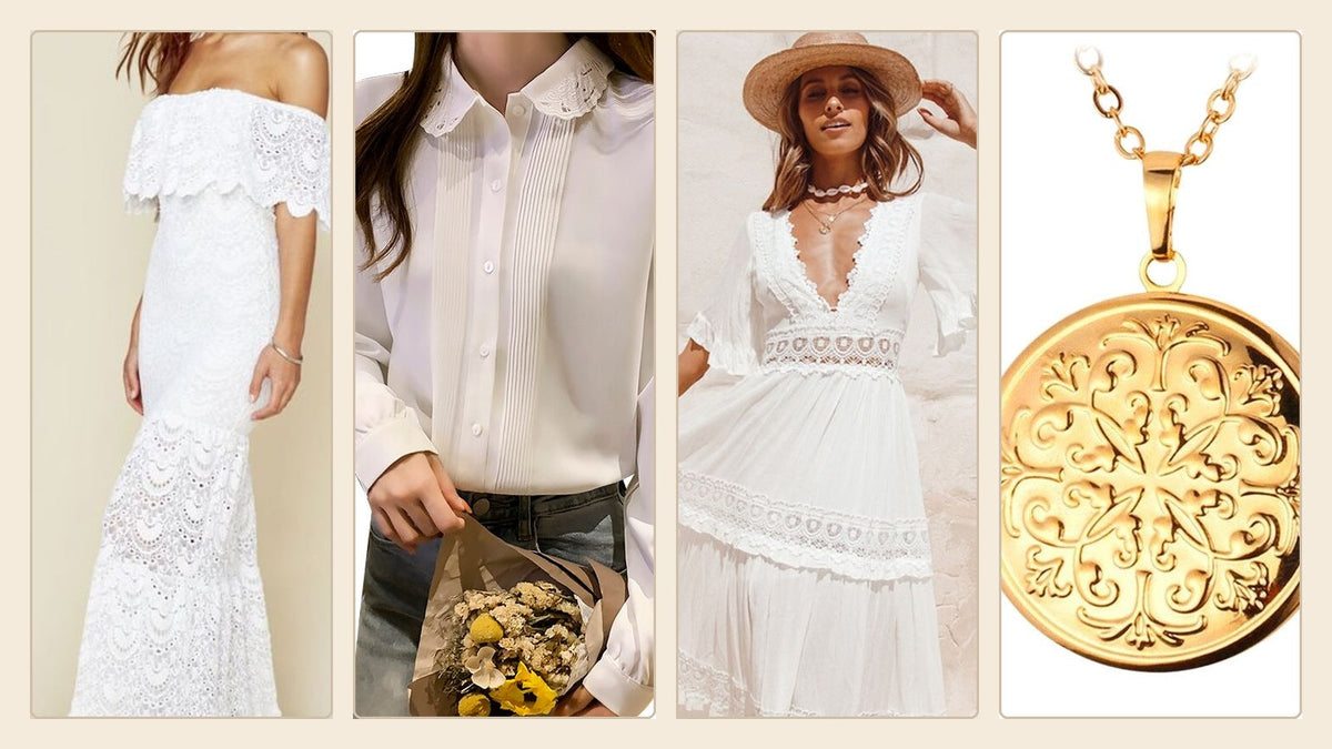 Deux robes blanches, une chemise à dentelle et un médaillon doré inspirés de la Belle Époque Imagen