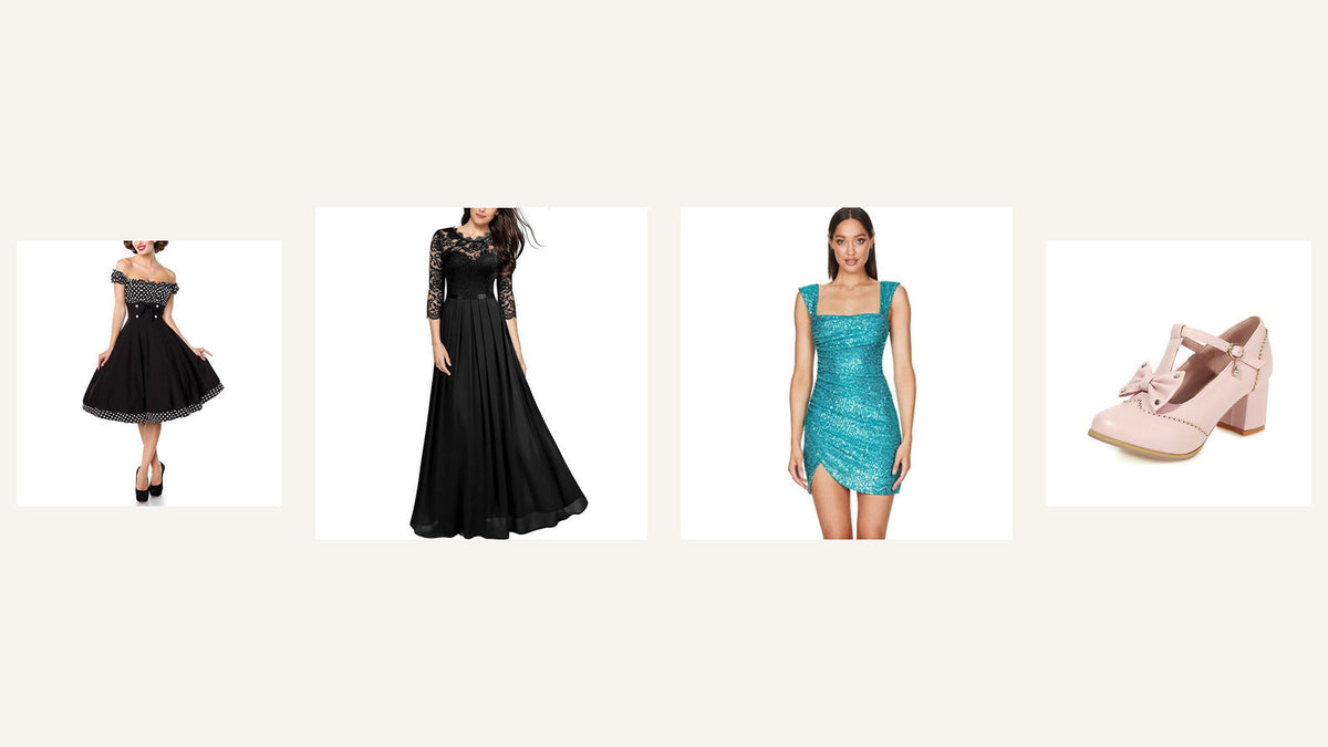 Quatre idées chic et choc : robe rétro à pois, robes de soirée noire et turquoise, escarpin rose à nœud Imagen