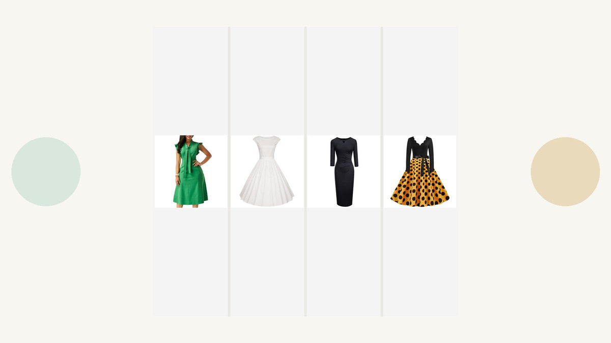Quatre silhouettes féminines inspirées des années 60, avec robes verte, blanche, noire et robe au corsage noir avec jupe jaune à pois noirs Imagen