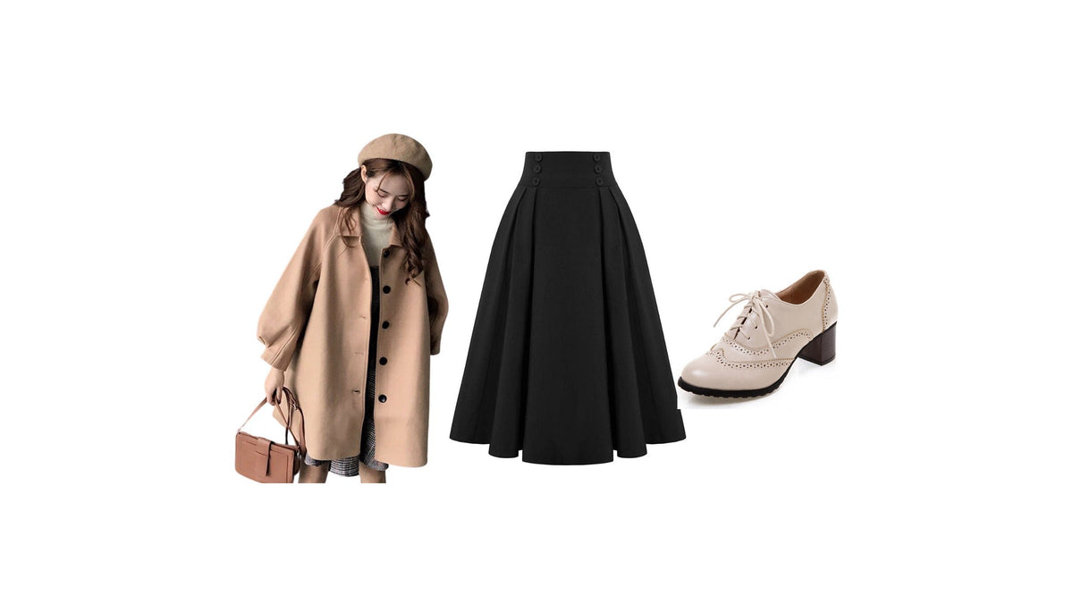 Mode femme années 40 : manteau boutonné avec béret, jupe noire taille haute et chaussure lacée claire Imagen