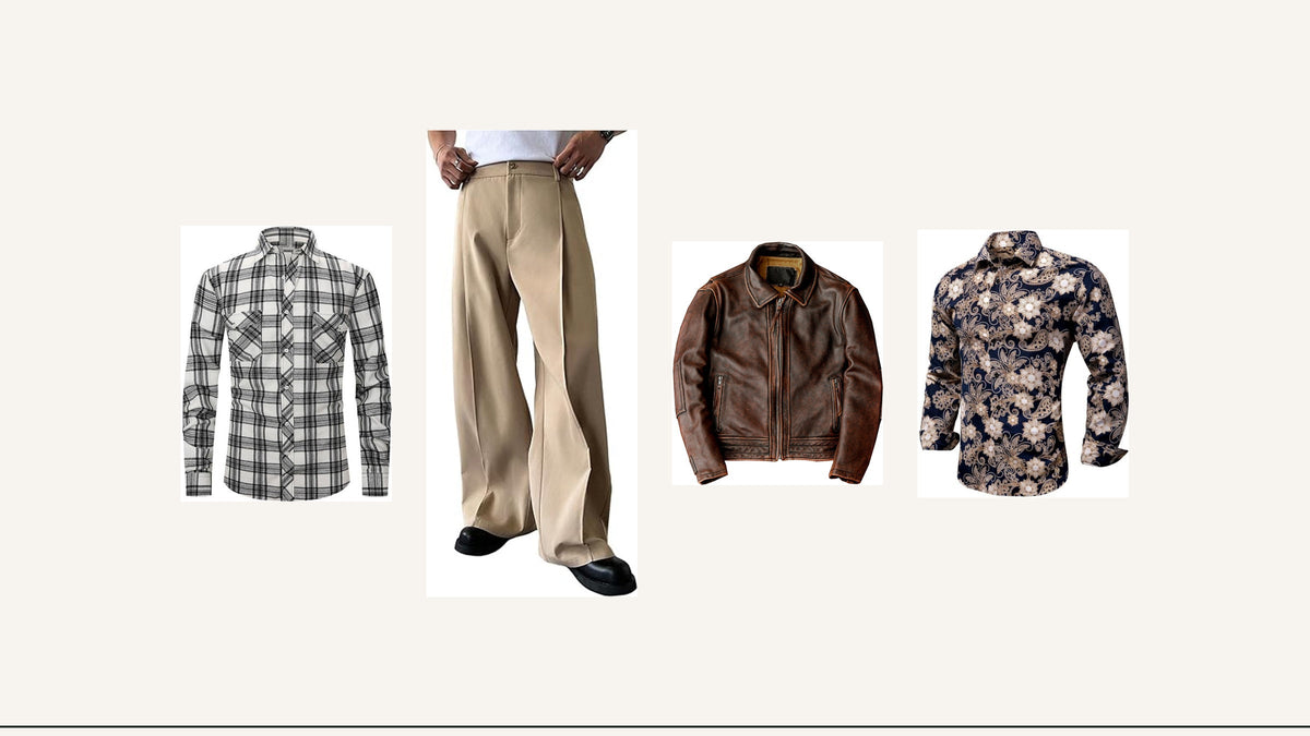 Codes du style Elvis : chemise à carreaux, pantalon ample, veste sombre et chemise à motifs Imagen