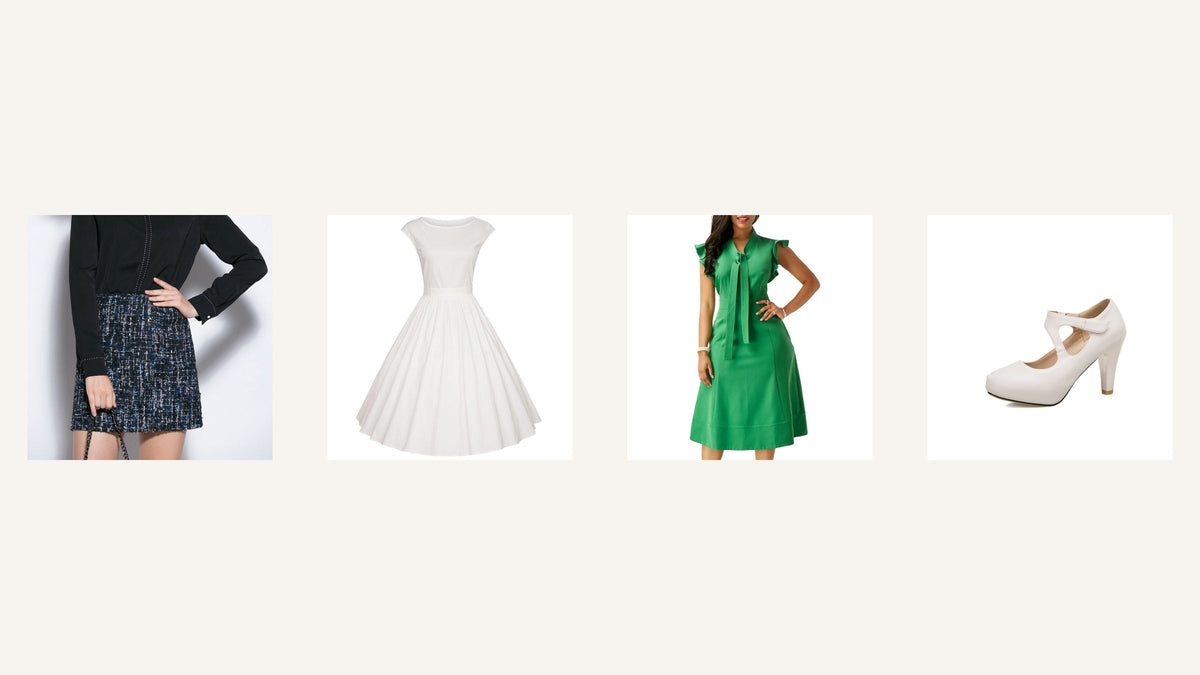Silhouettes inspirées de Twiggy avec robes années 60, jupe courte et escarpin blanc Imagen