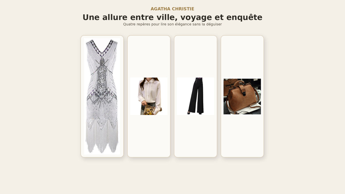 Tenues inspirées d’Agatha Christie : robe années 20, chemise claire, pantalon ample et sac structuré Imagen