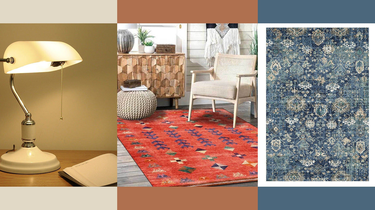 Meuble en bois et chaise sur tapis orange, entre une lampe crème et un tapis bleu pour comparer les palettes Imagen
