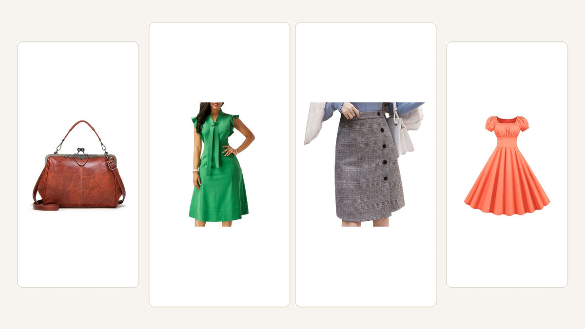 Tenue années 60 chic composée autour d’une robe verte, d’une jupe graphique, d’une robe orange et d’un sac rétro Imagen