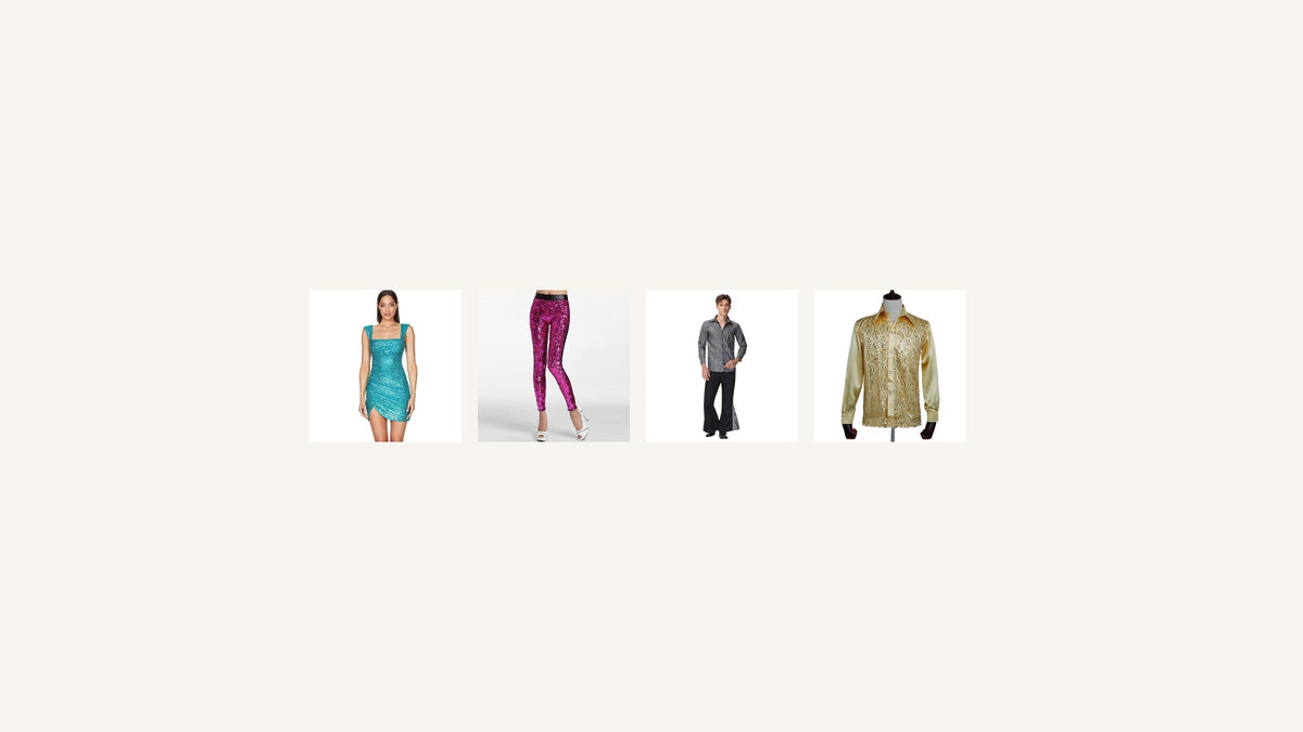 Quatre inspirations disco actuelles : robe turquoise, pantalon rose à paillettes, ensemble noir et argent et chemise dorée