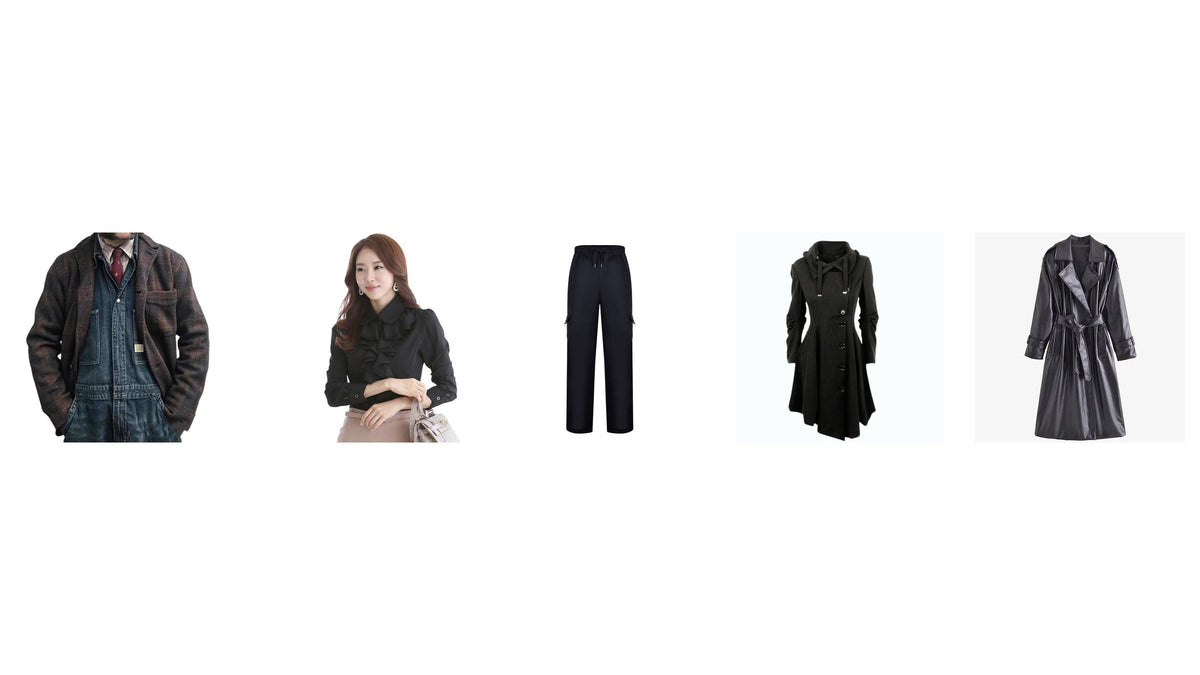 Silhouette féminine en manteau sombre et pantalon ample dans une composition éditoriale rétro Imagen