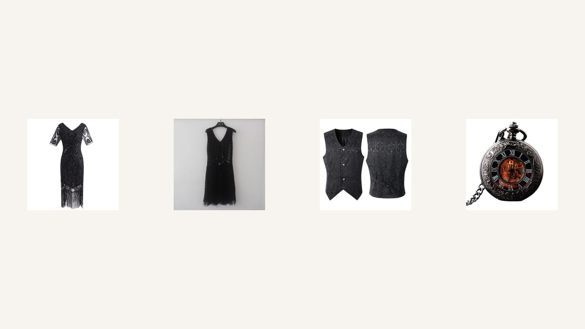 Tenues d’inspiration années 1920 : robe noire, robe à paillettes, gilet et montre à gousset