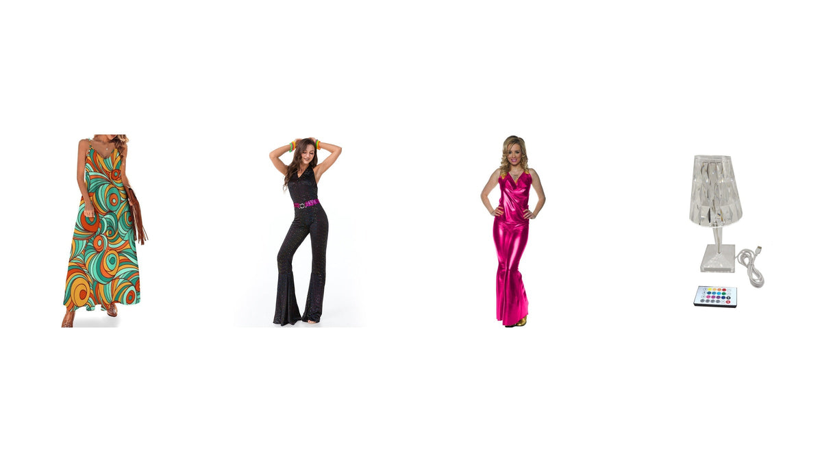 Quatre repères visuels du disco : robe longue colorée, combinaison noire évasée, ensemble rose brillant et lampe à facettes Imagen