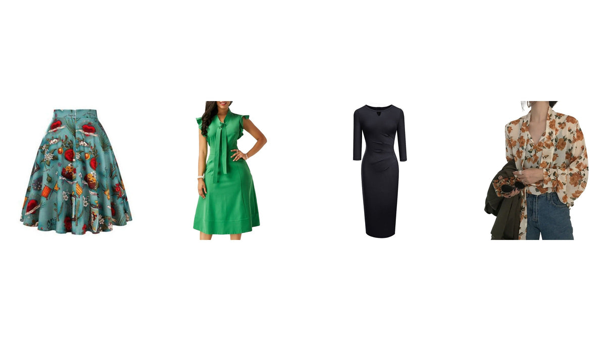 Tenue années 60 : jupe imprimée, robe verte, robe noire droite et chemise fleurie Imagen