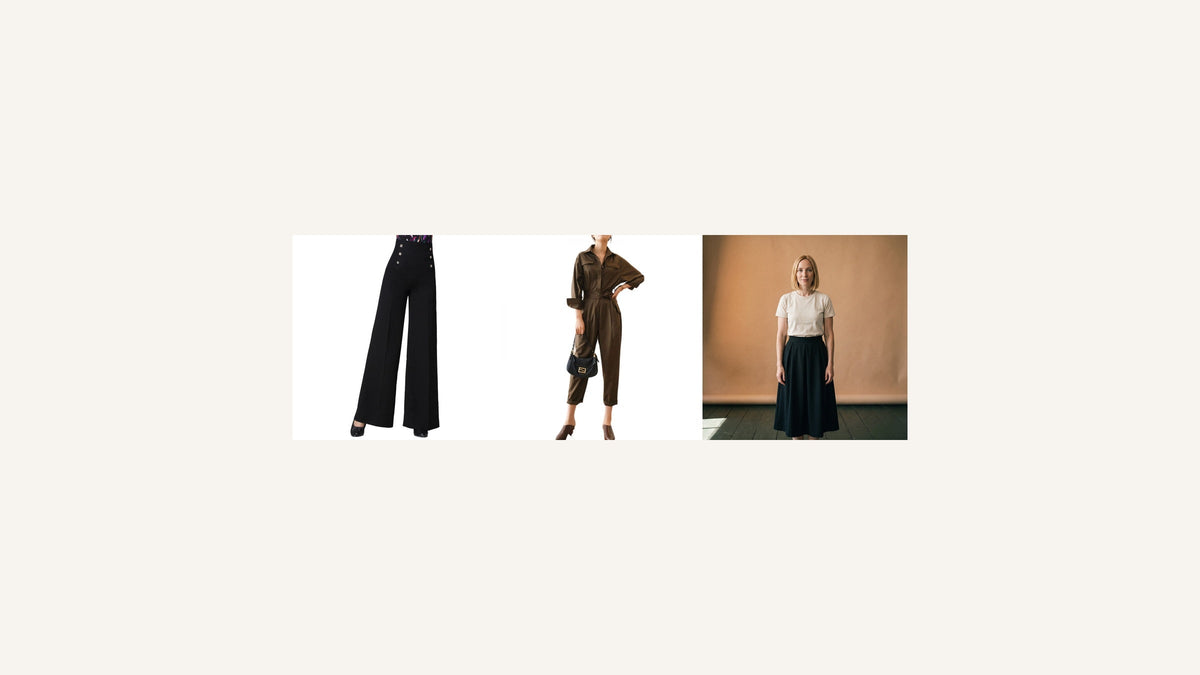 Trois alternatives chics à la robe pour un mariage : pantalon large noir, combinaison pantalon brune et jupe évasée noire