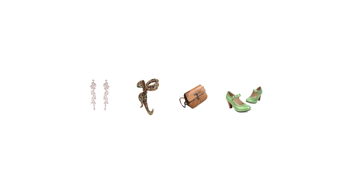 Accessoiriser une robe vintage avec des boucles pendantes, une broche ornée, un petit sac brun et des escarpins verts Imagen