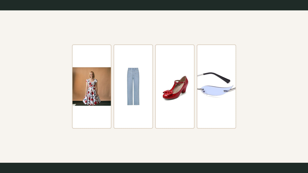 Comment moderniser un look classique : robe fleurie, jean droit, chaussure rouge et lunettes bleutées