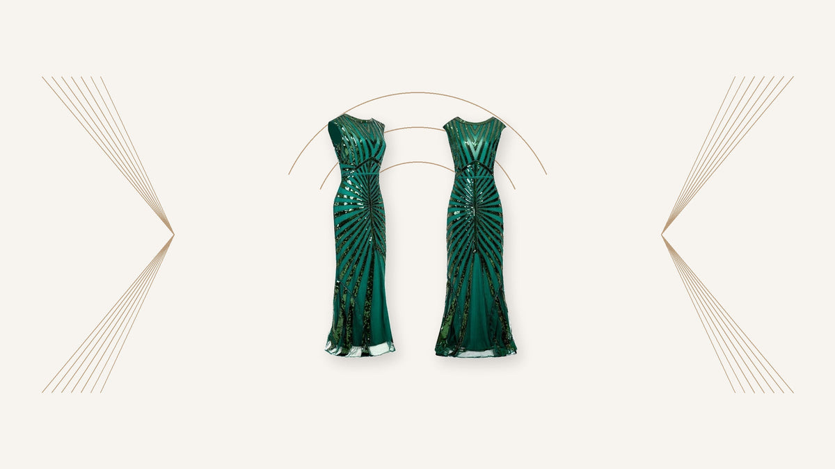 Robe longue verte d’inspiration années 1920, vue de face et de dos, sur un décor géométrique Imagen