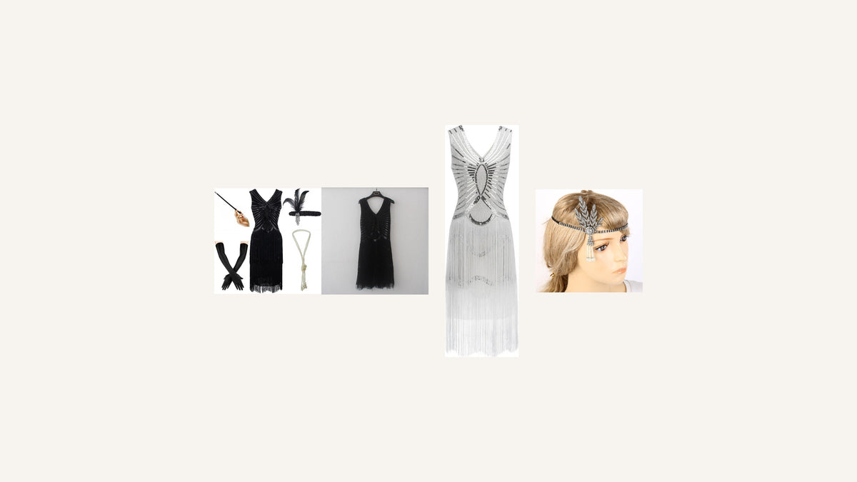 Trois robes Charleston noires et claires avec un bandeau orné pour composer un look années 20 Imagen