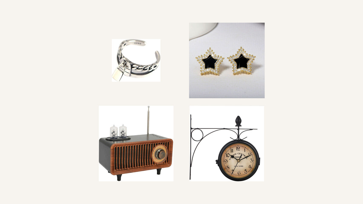 Bague, boucles d’oreilles, enceinte et horloge réunies dans une sélection de boutique vintage Imagen