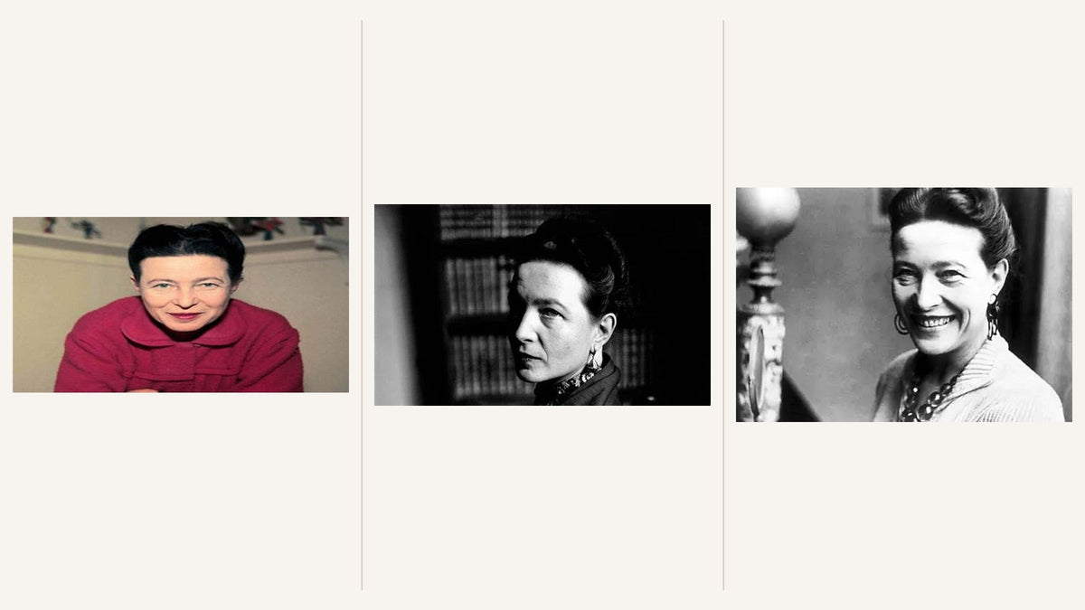 Trois portraits de Simone de Beauvoir en couleur et en noir et blanc