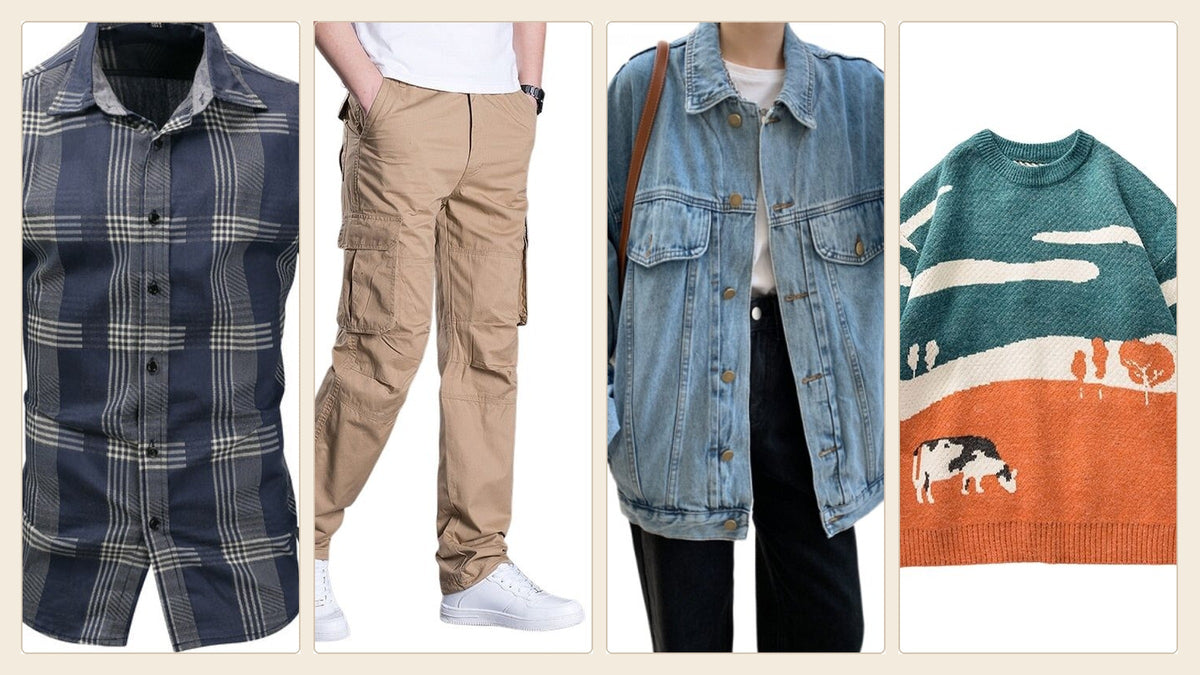 Chemise à carreaux, pantalon cargo, veste en jean et sweat graphique pour une tenue homme années 90 Imagen