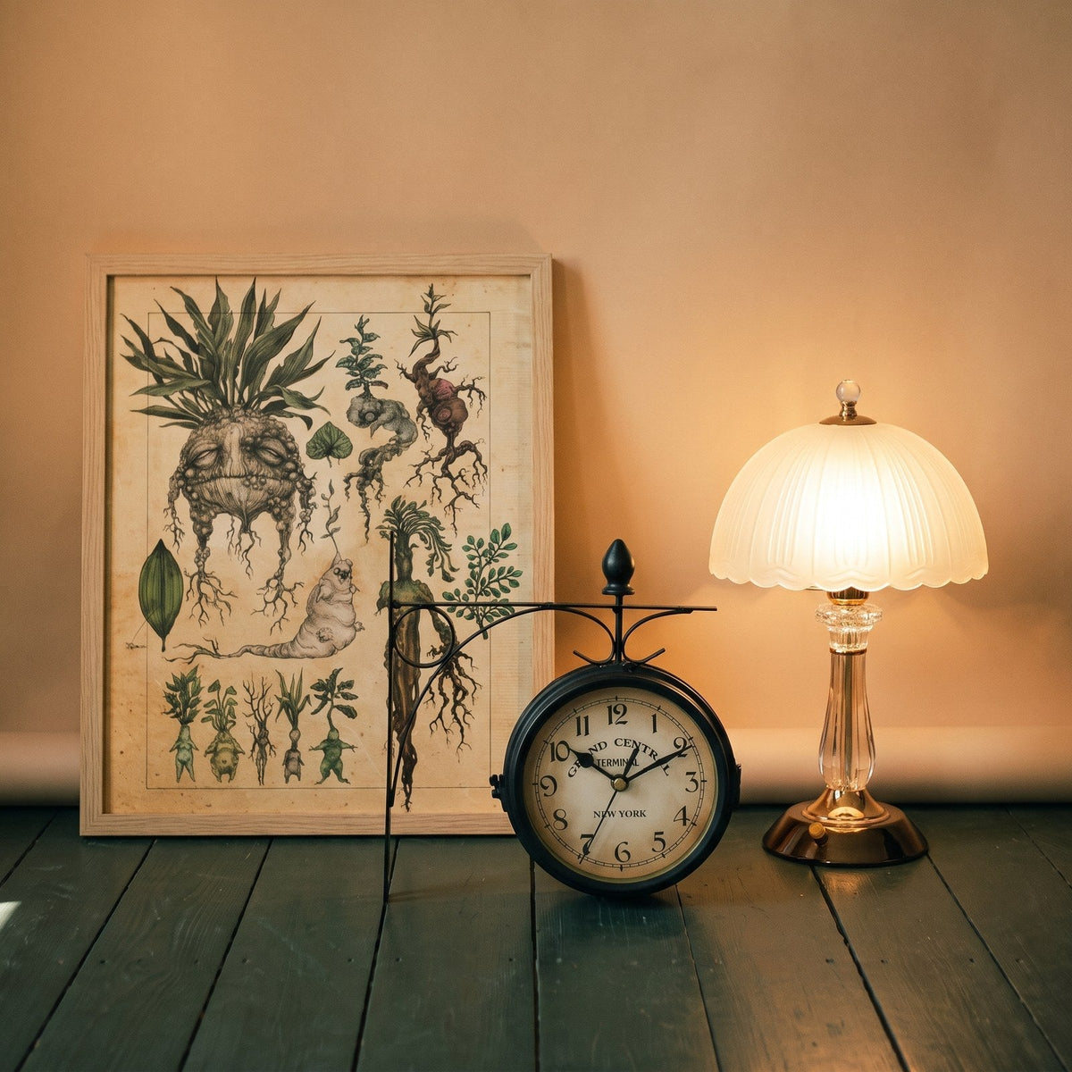 Affiche encadrée, horloge de gare et lampe à poser, décoration rétro Imagen