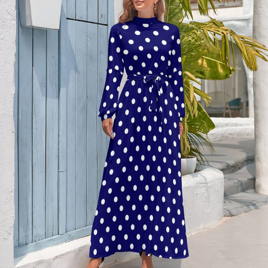 Vestido largo años 80 con lunares azules 