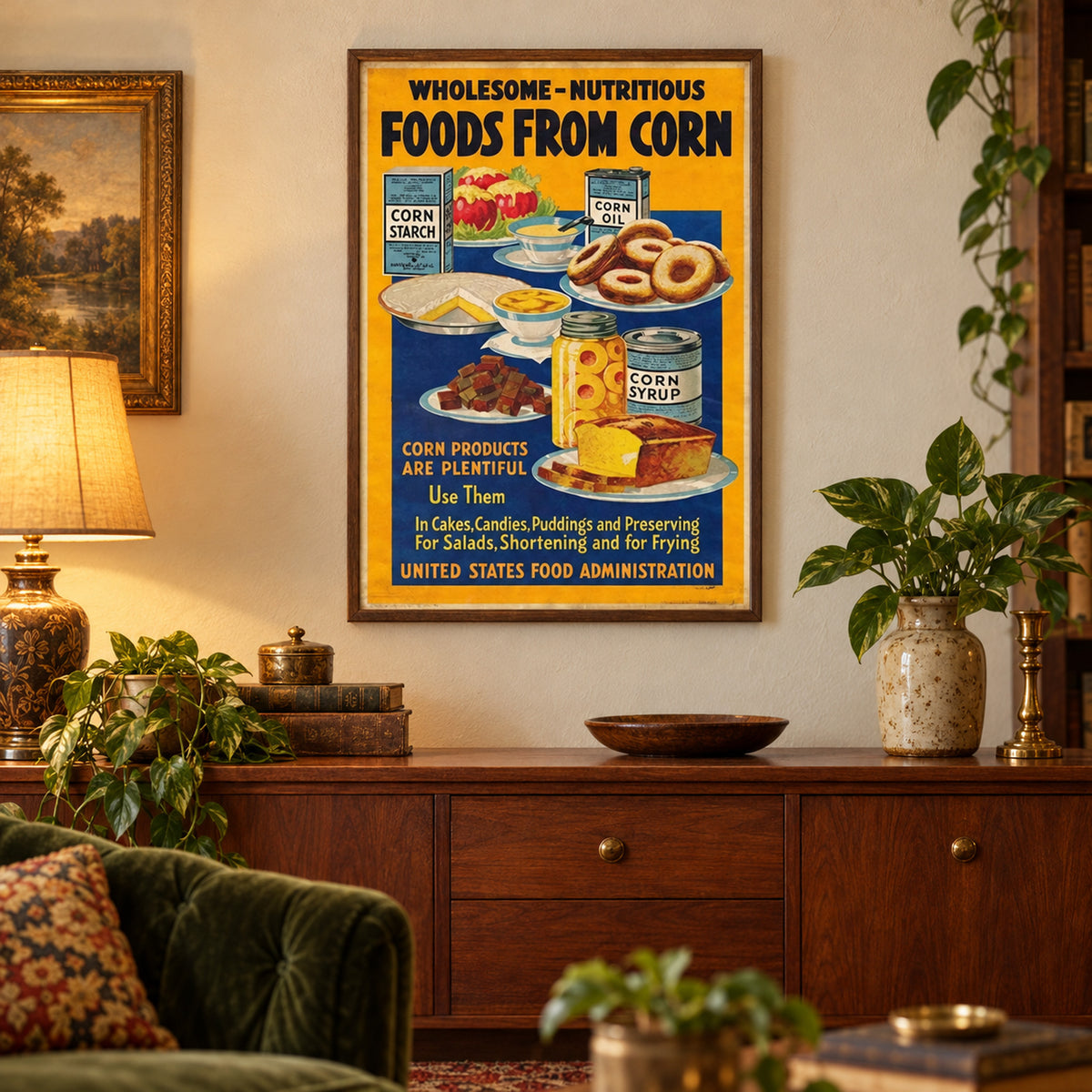 Affiche publicitaire vintage cuisine en métal accrochée au-dessus d'un plan de travail, cuisine allumée Imagen