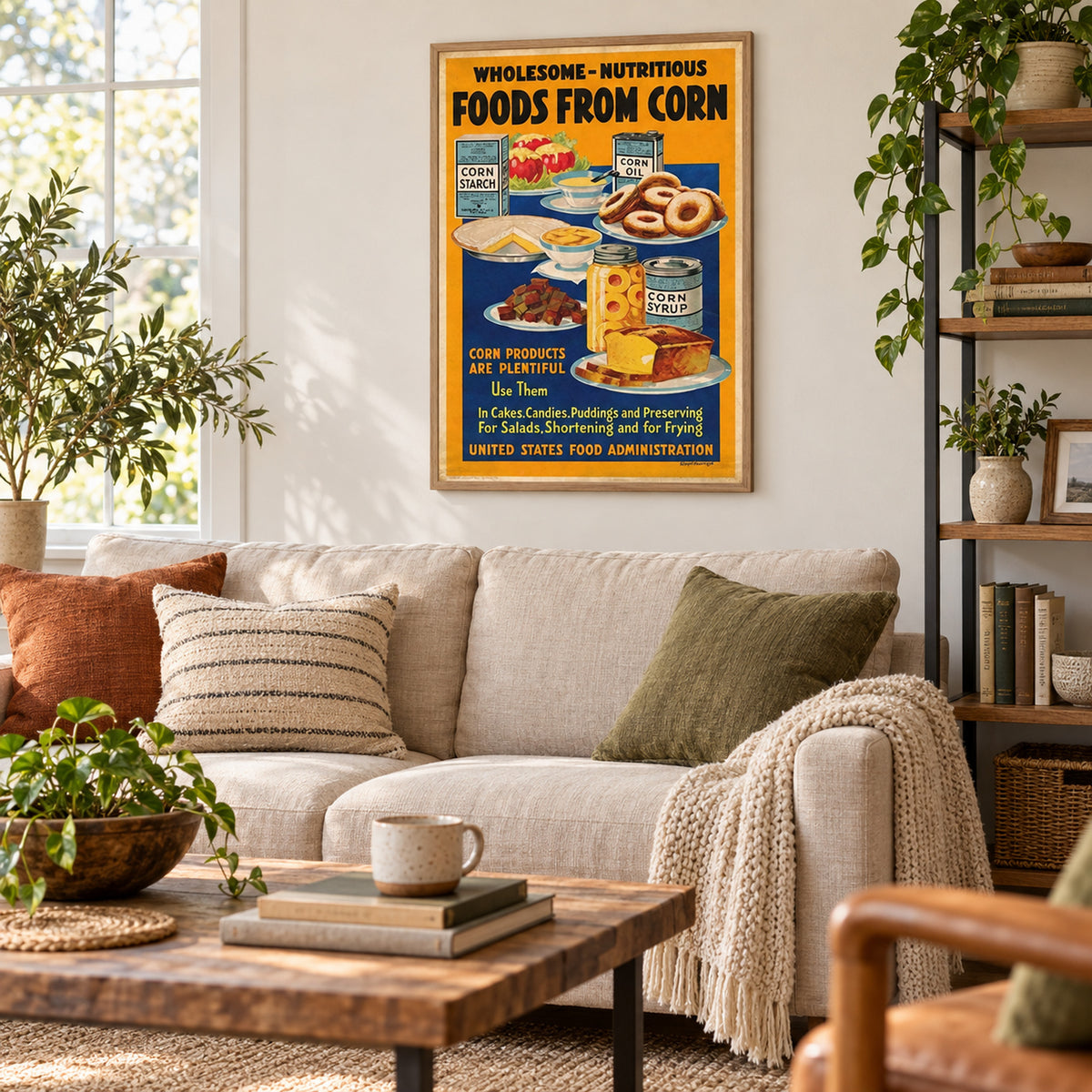Vue large d'une cuisine en journée avec l'affiche publicitaire vintage cuisine en métal au mur Imagen