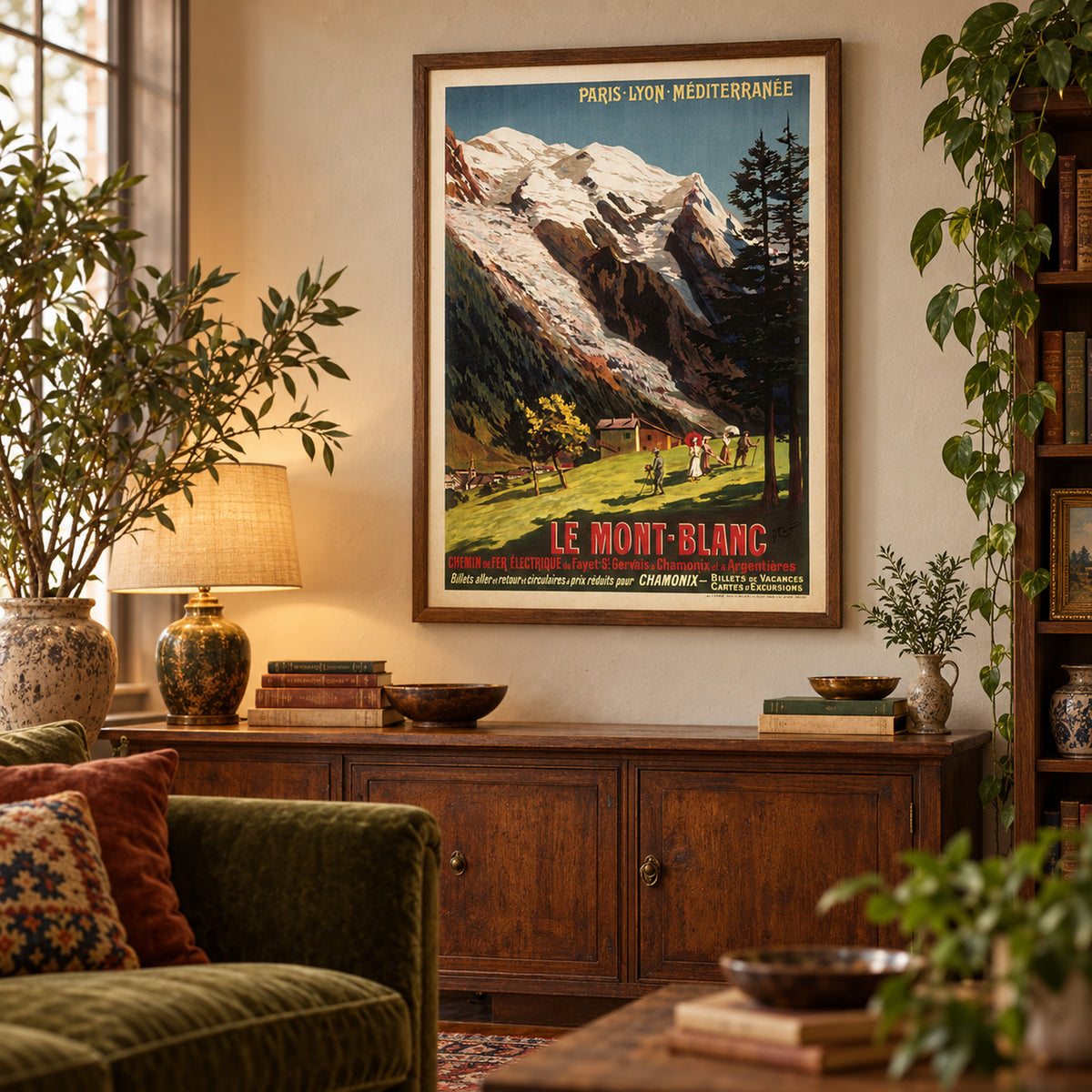Affiche vintage Mont Blanc sur toile accrochée au mur d'un salon au-dessus d'un canapé Imagen