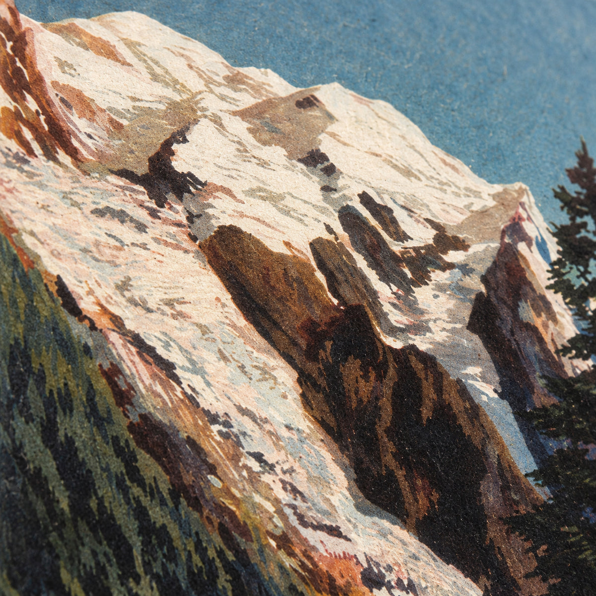 Gros plan sur le dessin des sommets enneigés et des sapins de l'affiche vintage Mont Blanc Imagen