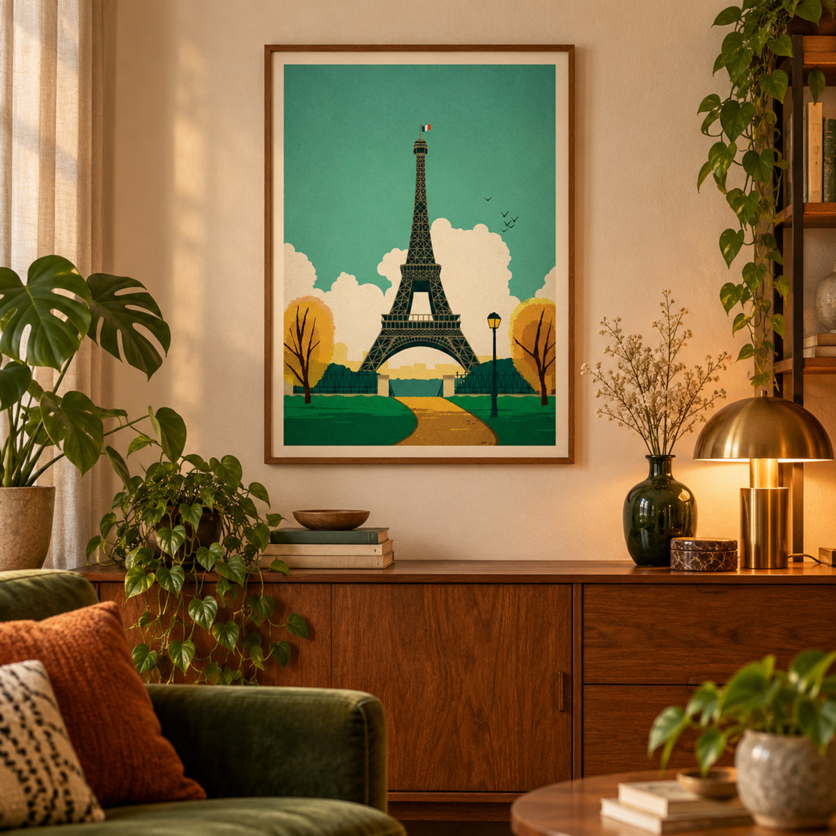 Affiche vintage Paris avec la Tour Eiffel accrochée au mur au-dessus d'un bureau dans un salon Imagen