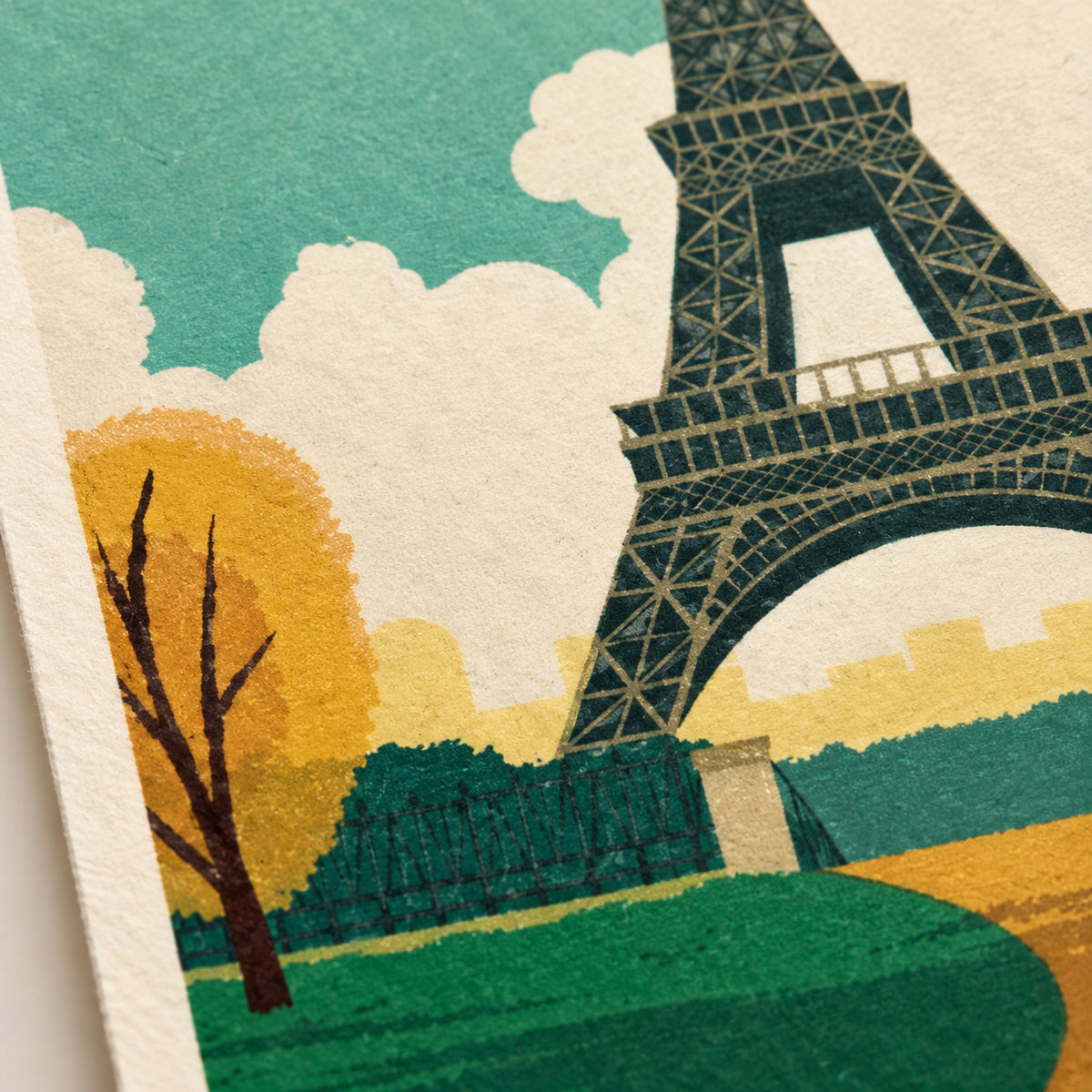Gros plan sur la Tour Eiffel dessinée et le lettrage de l'affiche vintage Paris, la ville des lumières Imagen
