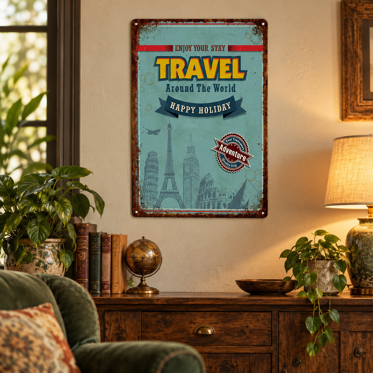 Affiche voyage vintage en métal 20 x 30 cm accrochée au mur d'une entrée, au-dessus d'une console Imagen