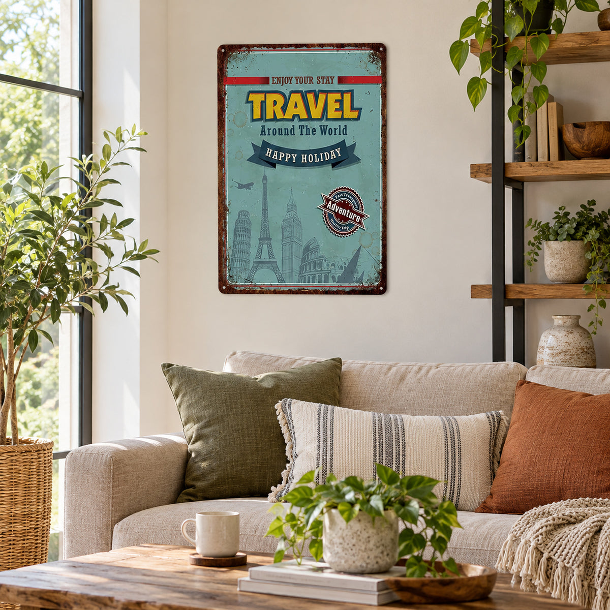 Vue large d'un bureau en journée avec l'affiche voyage vintage en métal 20 x 30 cm fixée au mur Imagen