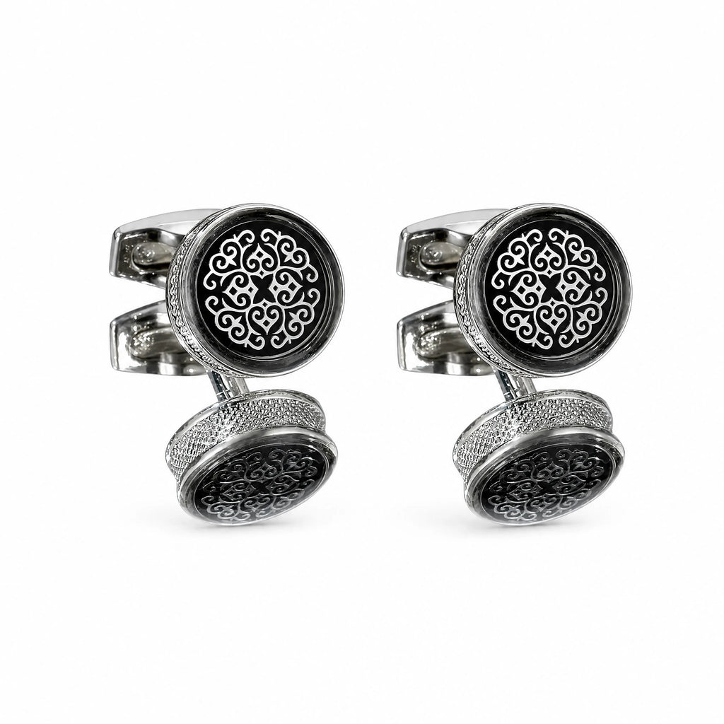 Boutons de manchette argentés motif arabesque baroque - image principale
