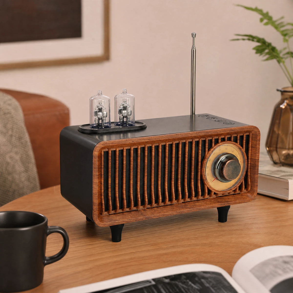 Enceinte Bluetooth Vintage avec Tubes Lumineux et Bois - OBJETS VARIES