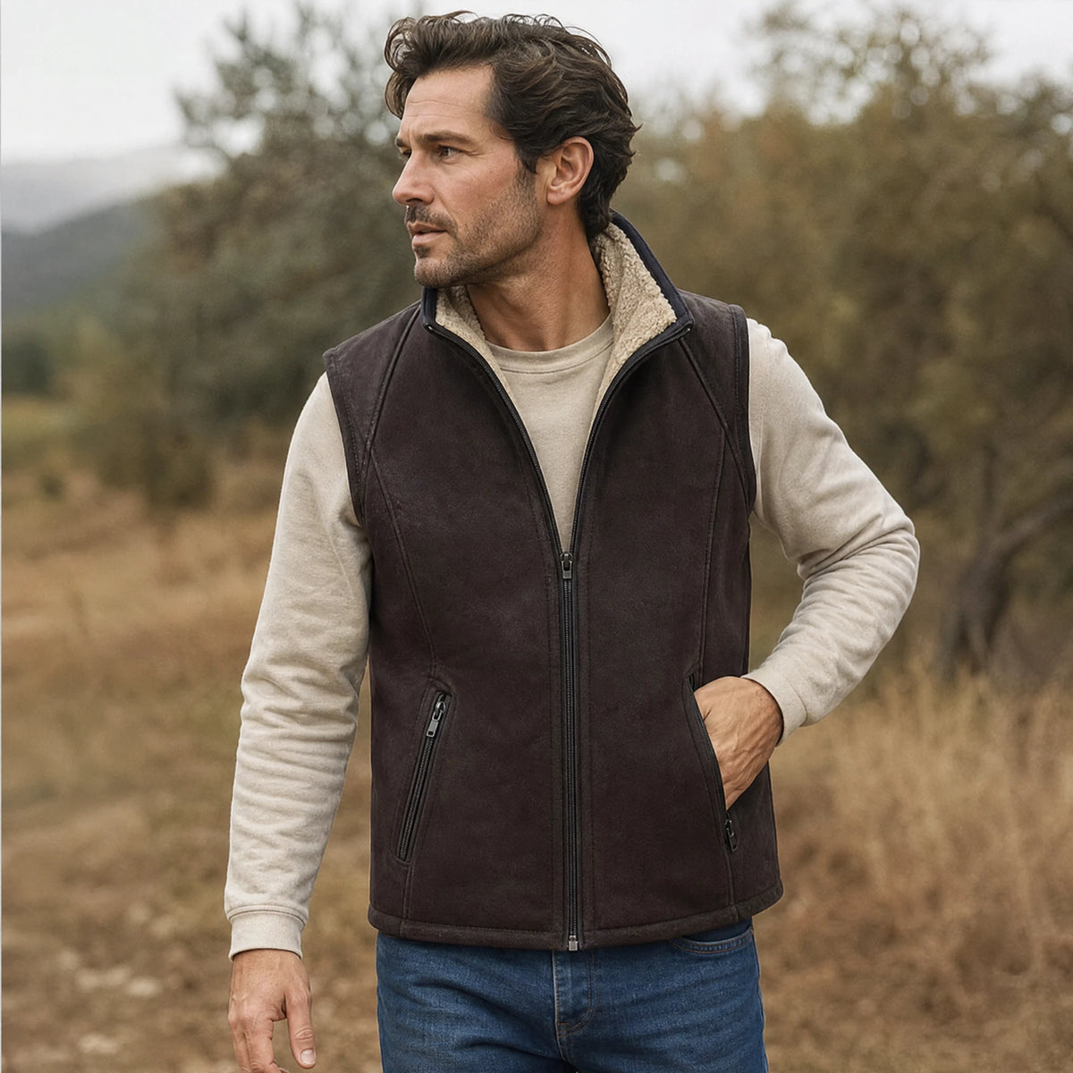 Gilet à Poches Verticales en Daim Marron pour Homme - Utilisation GLOBALE