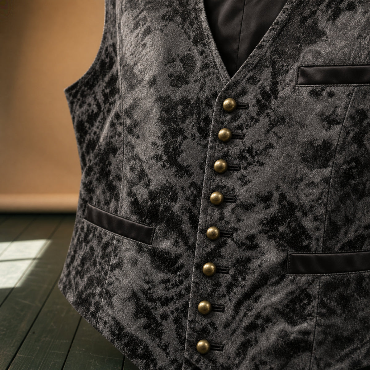 Gros plan sur les motifs et les boutons apparents du gilet sans manches homme Imagen
