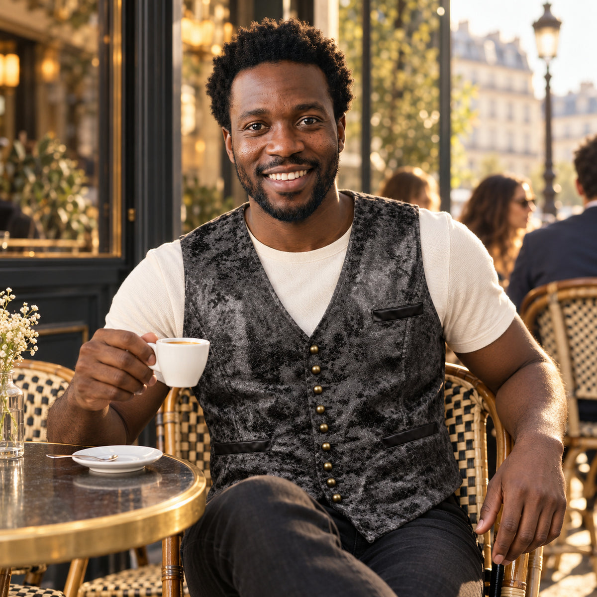 Homme en gilet sans manches homme à motifs assis à une terrasse de café parisienne, fin d'après-midi Imagen