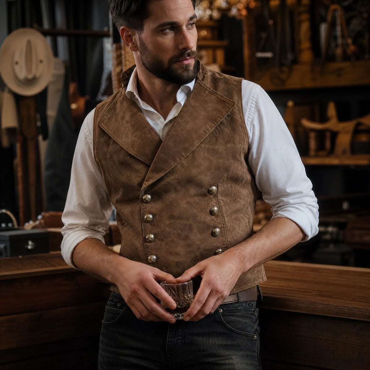 Gilet Vintage Col Montant en Daim à Double Boutonnage - Utilisation GLOBALE