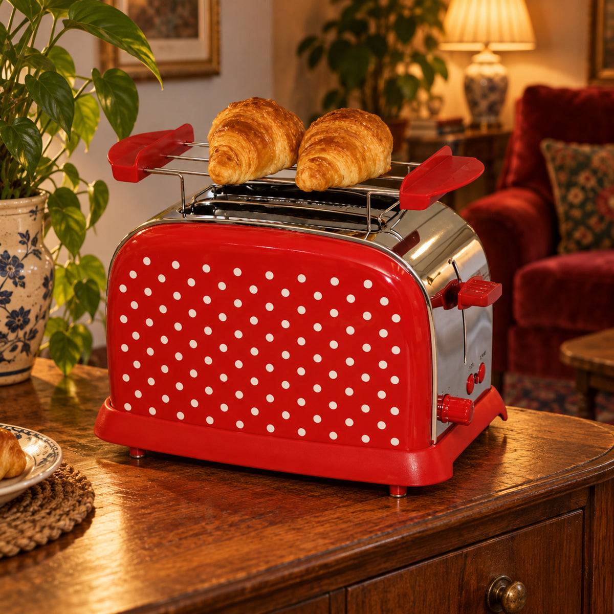 Grille-pain ancien vintage rouge à pois posé sur un plan de travail de cuisine, le matin Imagen