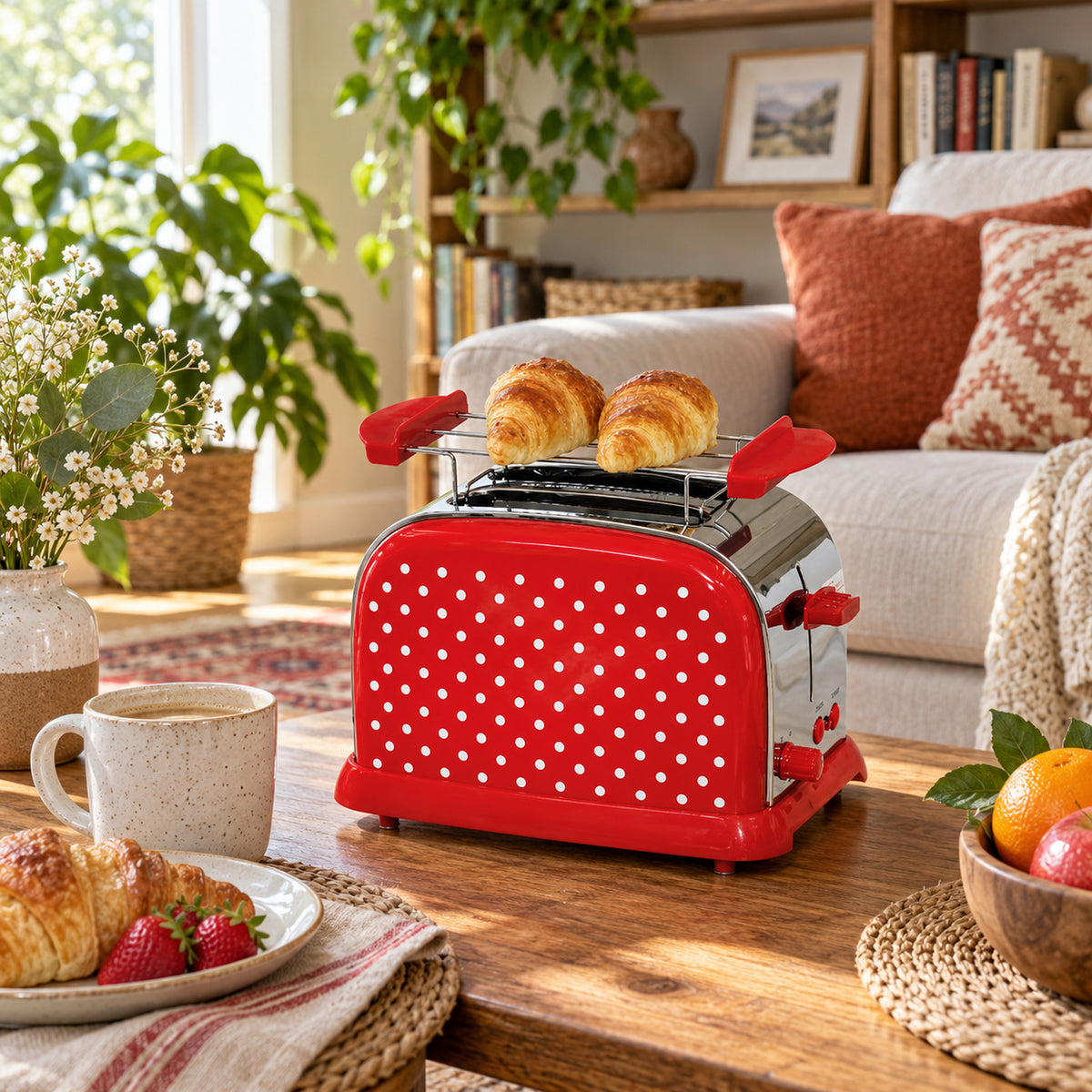 Vue large d'une cuisine en journée avec le grille-pain ancien vintage rouge à pois sur le plan de travail Imagen