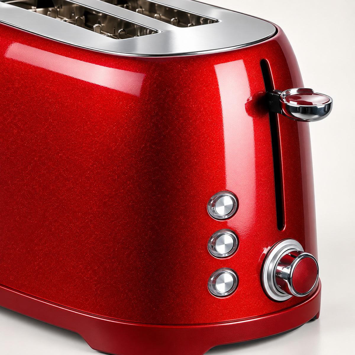 Gros plan sur le bouton de dorage chromé et les touches du grille-pain vintage rouge en acier inoxydable Imagen