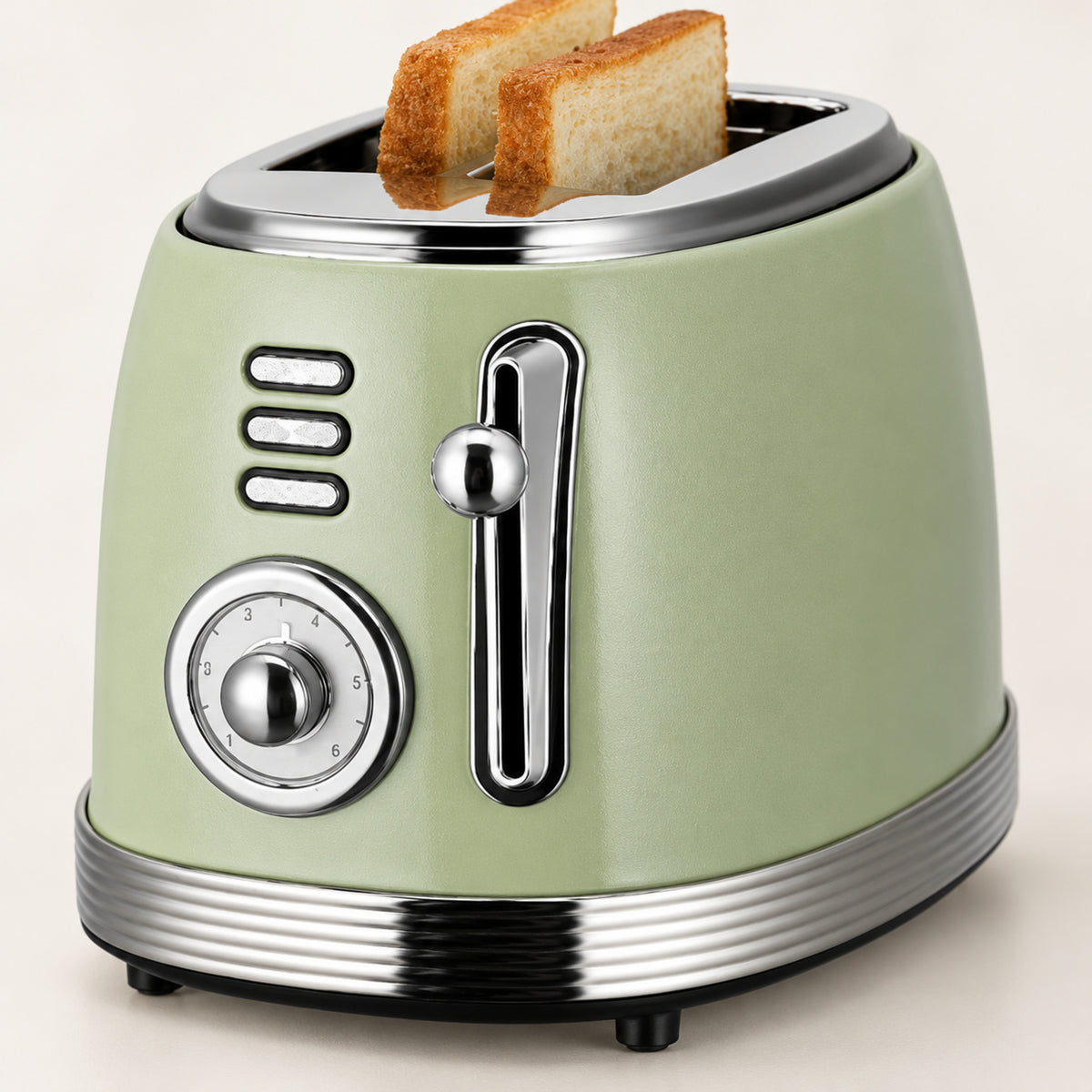 Gros plan sur la molette du thermostat et le boîtier en acier inoxydable du grille-pain vintage vert Imagen