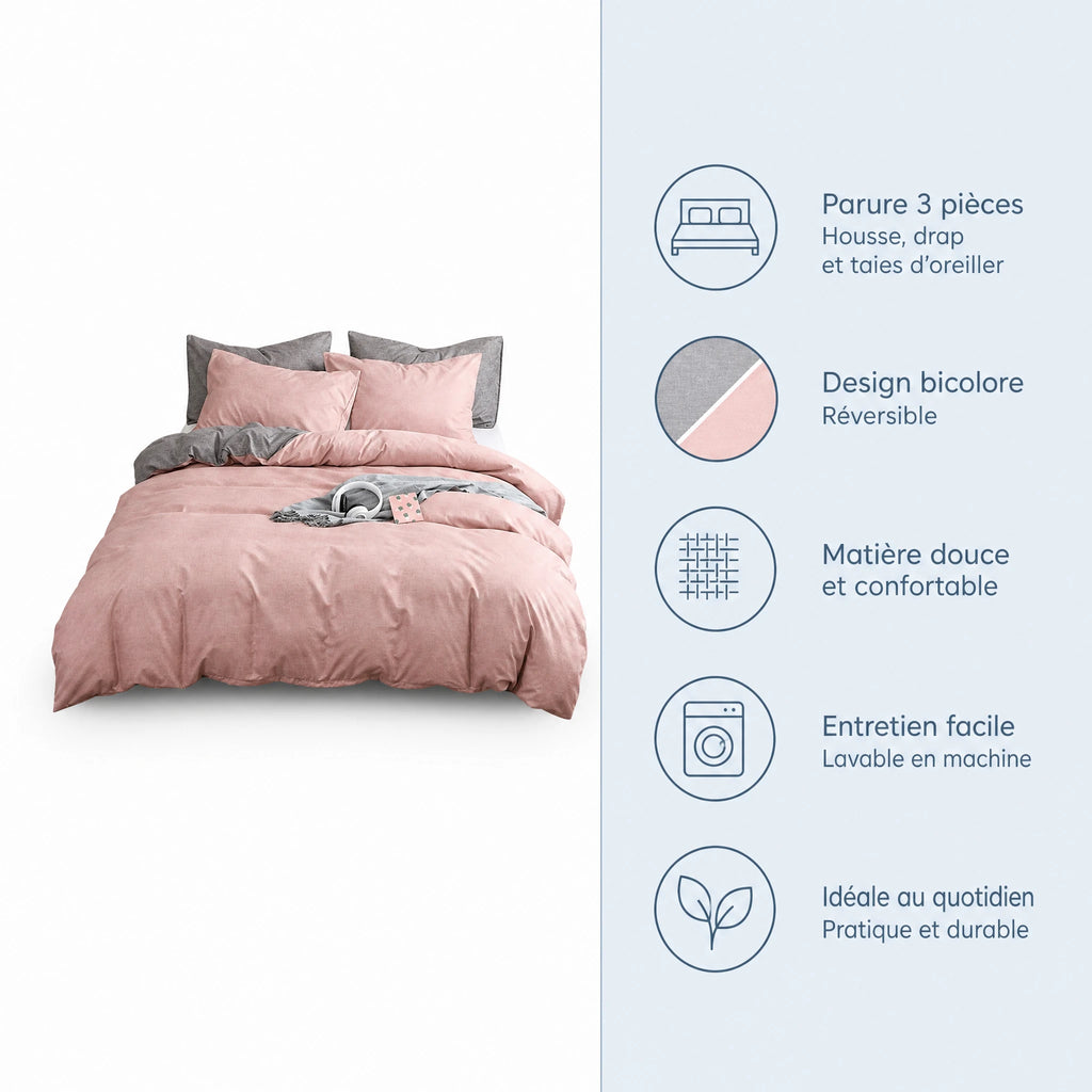 Housse de couette bicolore rose et gris réversible - Bénéfices produit