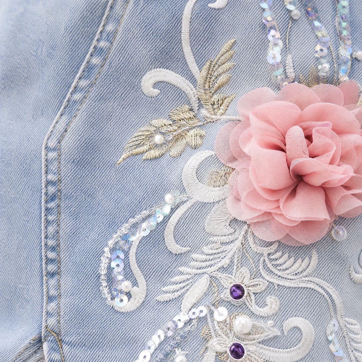 Jupe Jean et Dentelle Blanche Année 80 - close-up détail matière