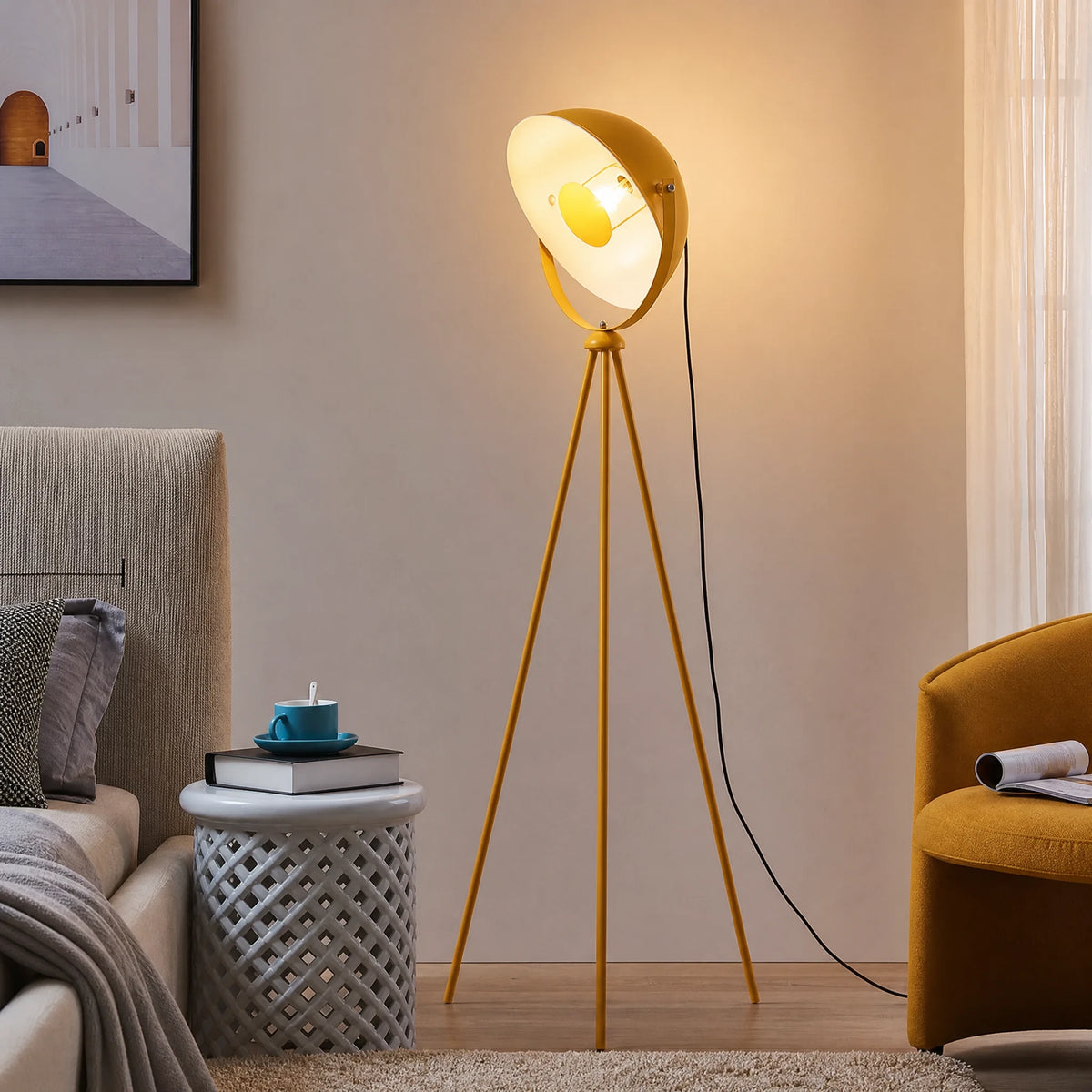 Lampadaire trépied vintage orientable jaune et blanc - OBJETS VARIES