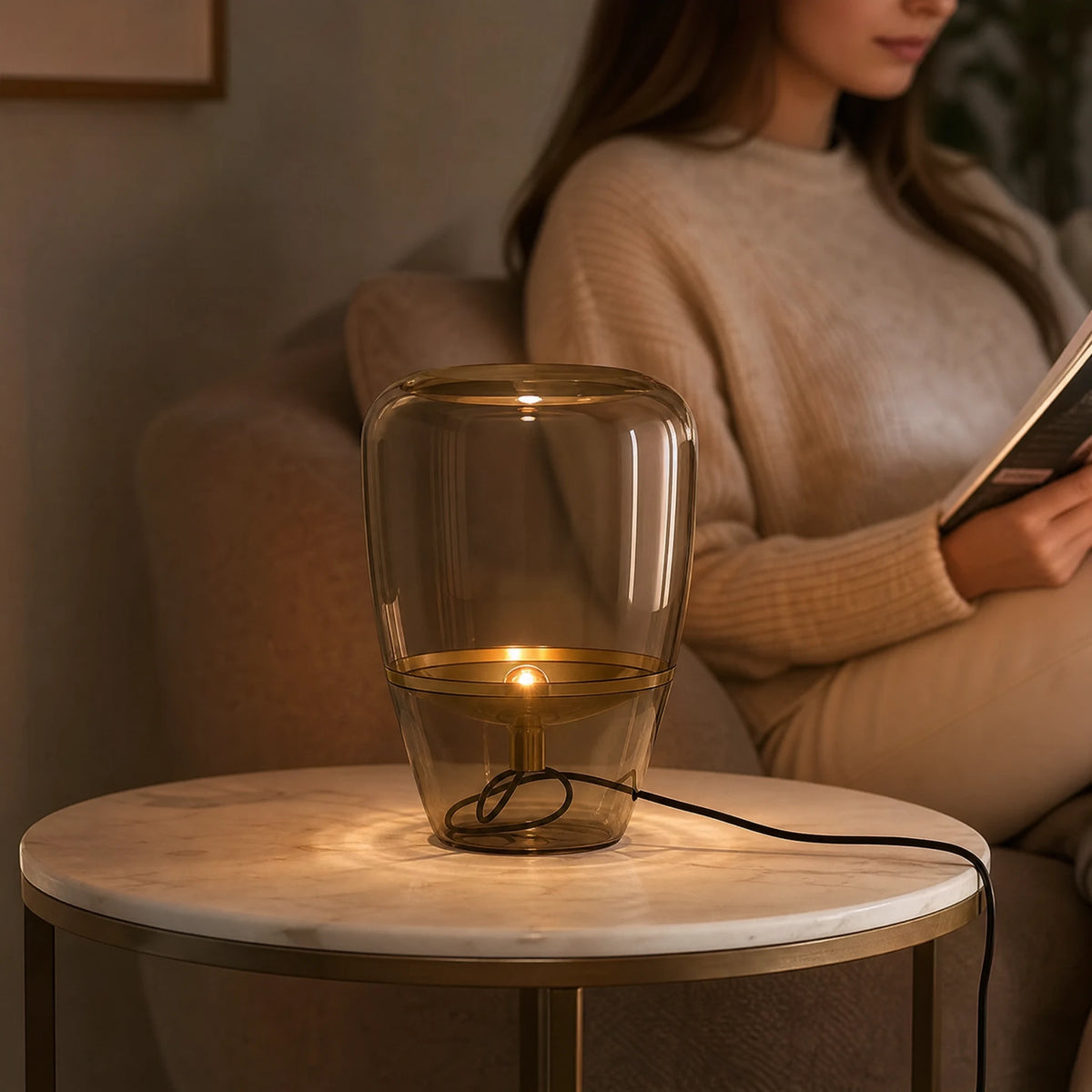 Lampe de Table Vintage en Verre Fumé et Métal Doré - Utilisation GLOBALE
