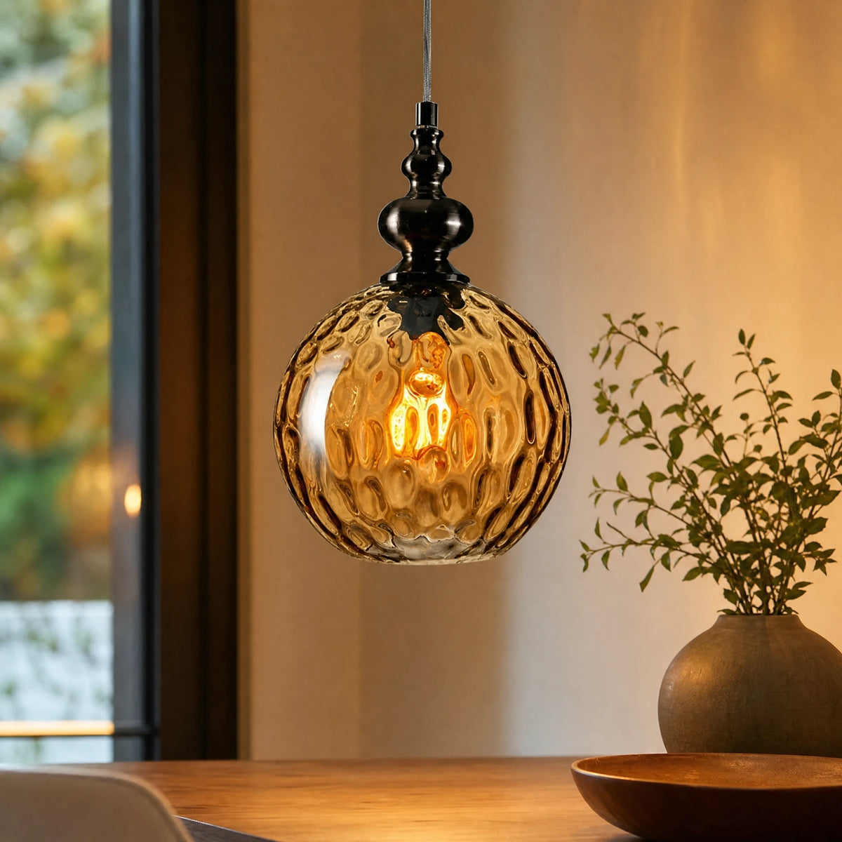 Lampe Suspendue Vintage Verre Ambré à Globe - OBJETS VARIES