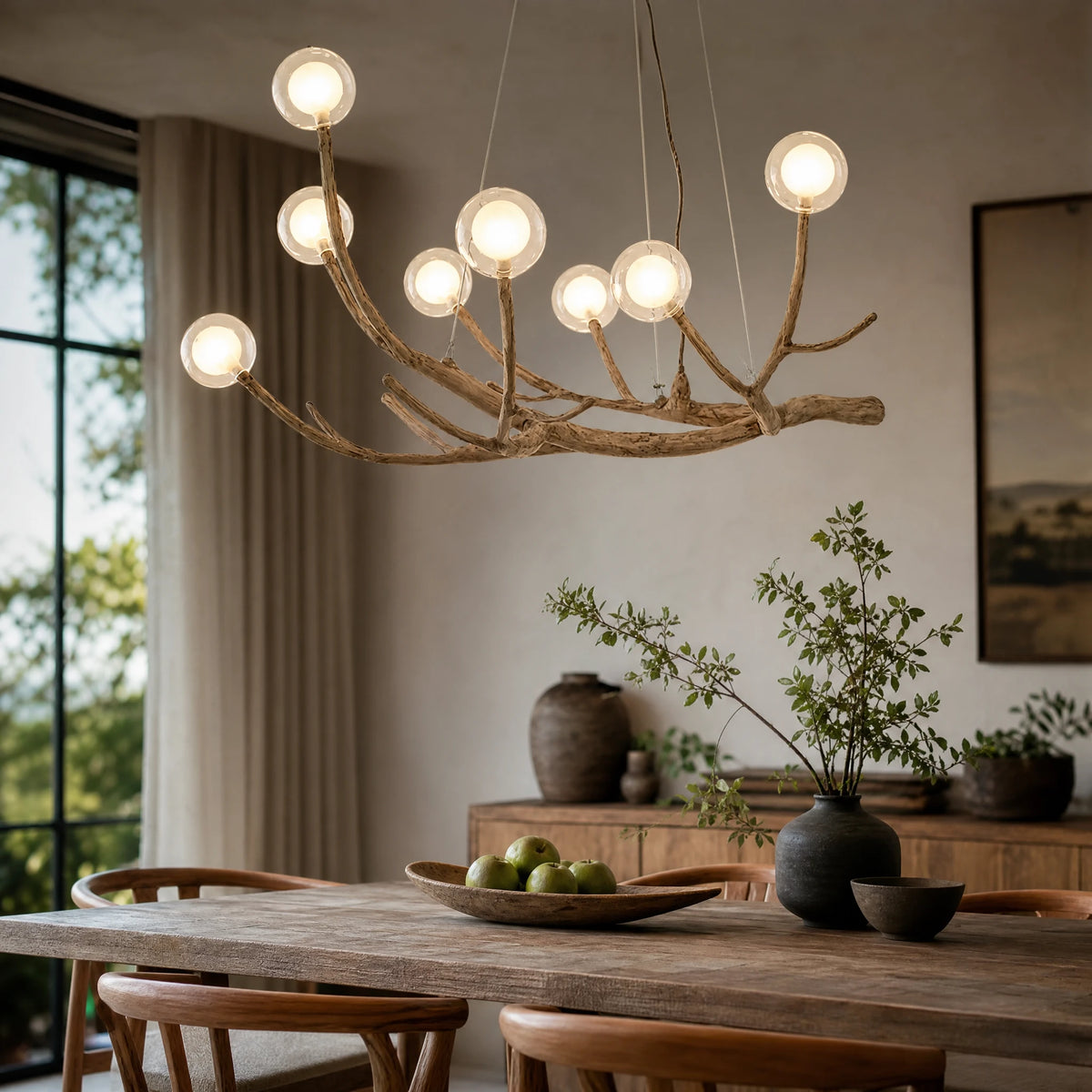 Lustre Branche Bois avec Globes Lumineux Style Naturel - OBJETS VARIES