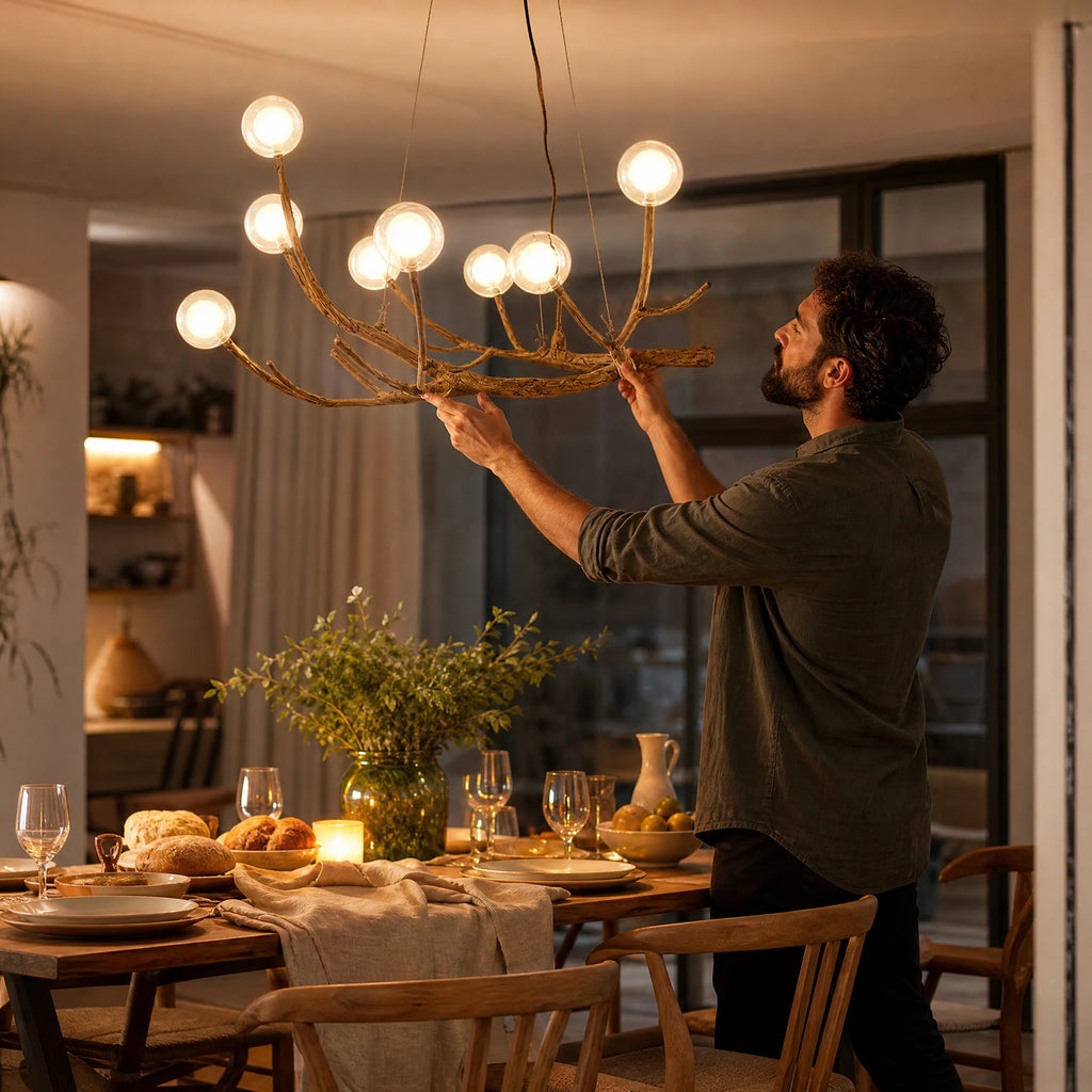 Lustre Branche Bois avec Globes Lumineux Style Naturel - Utilisation GLOBALE